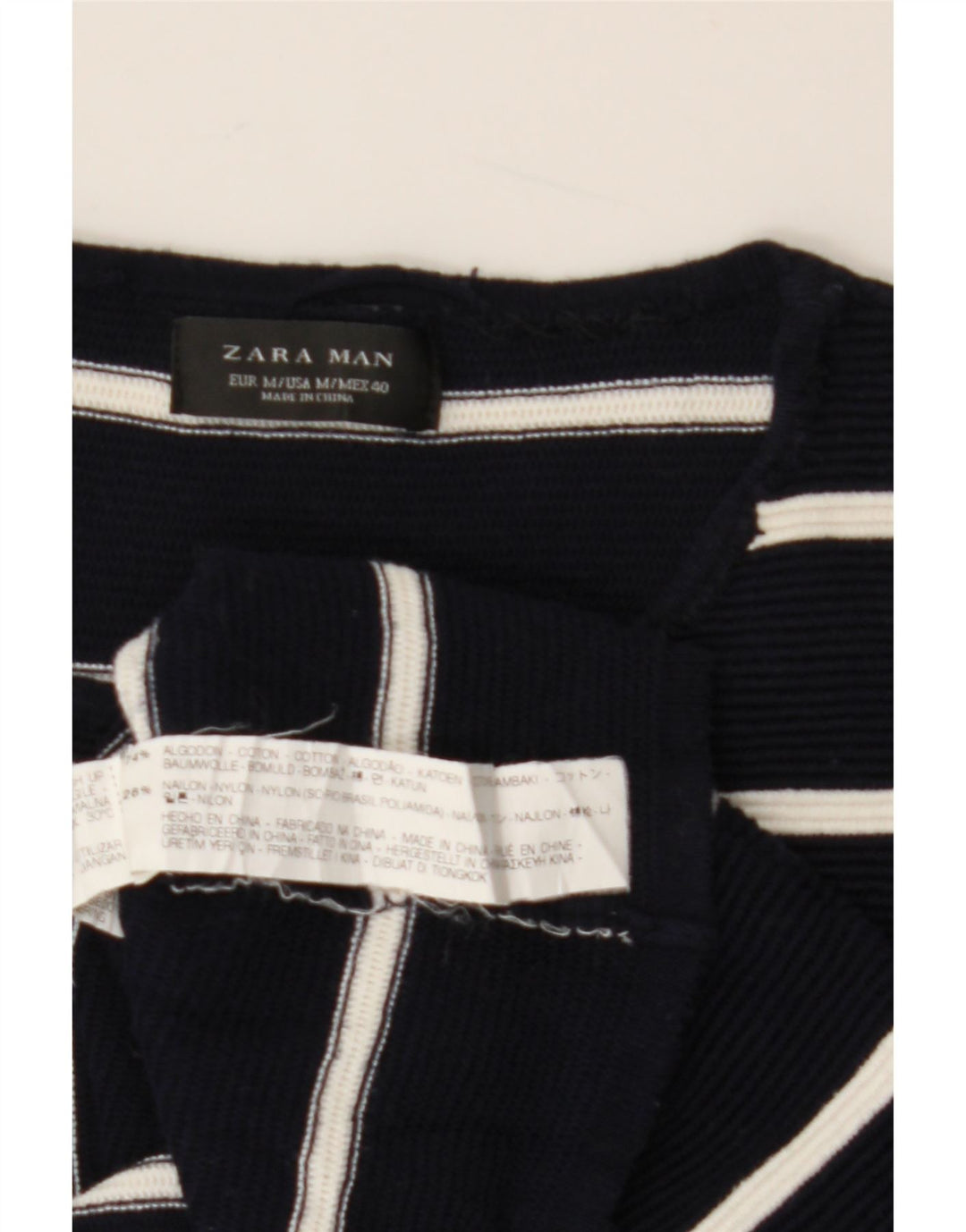 ZARA Pull à col rond pour homme en coton rayé bleu marine moyen