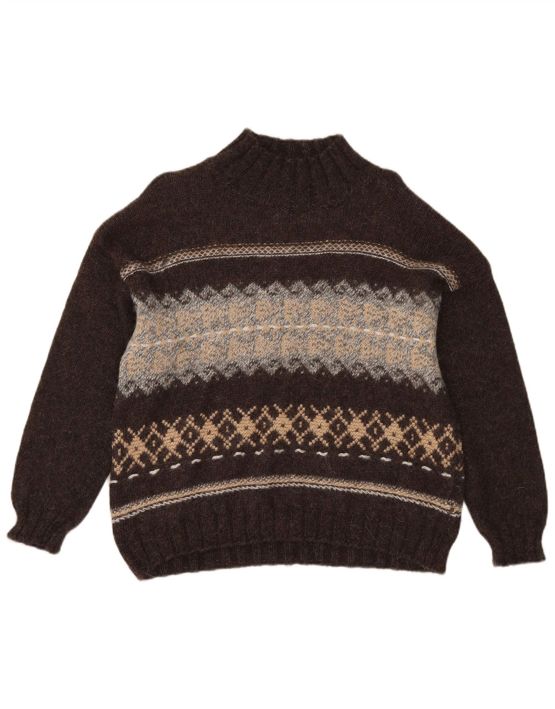 Sisley Pull col roulé pour femme UK 14 Marron moyen Fair Isle
