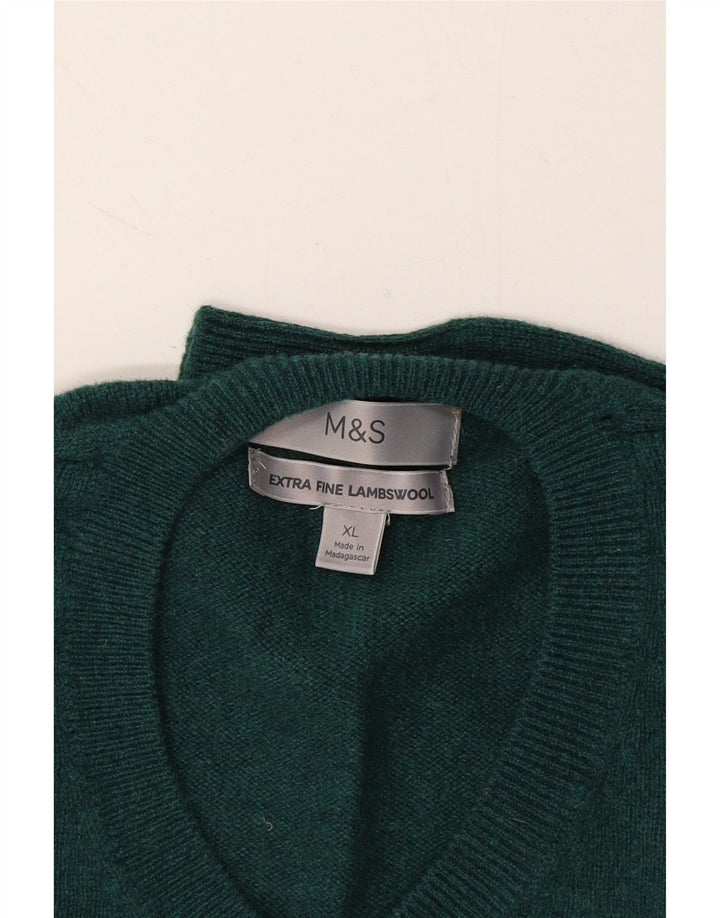 MARKS & SPENCER Mens V-Neck Jumper Sweater XL Green Lambswool Vintage Marks & Spencer and Second-Hand Marks & Spencer from Messina Hembry 
