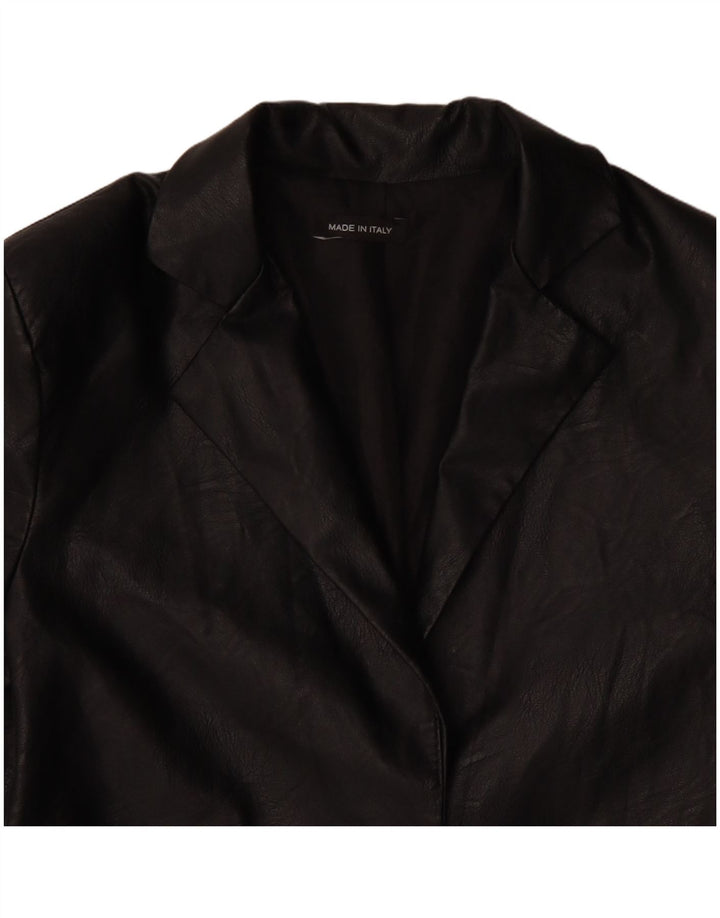 VINTAGE Femmes 1 Bouton Faux Cuir Blazer Veste UK 12 Moyen Noir