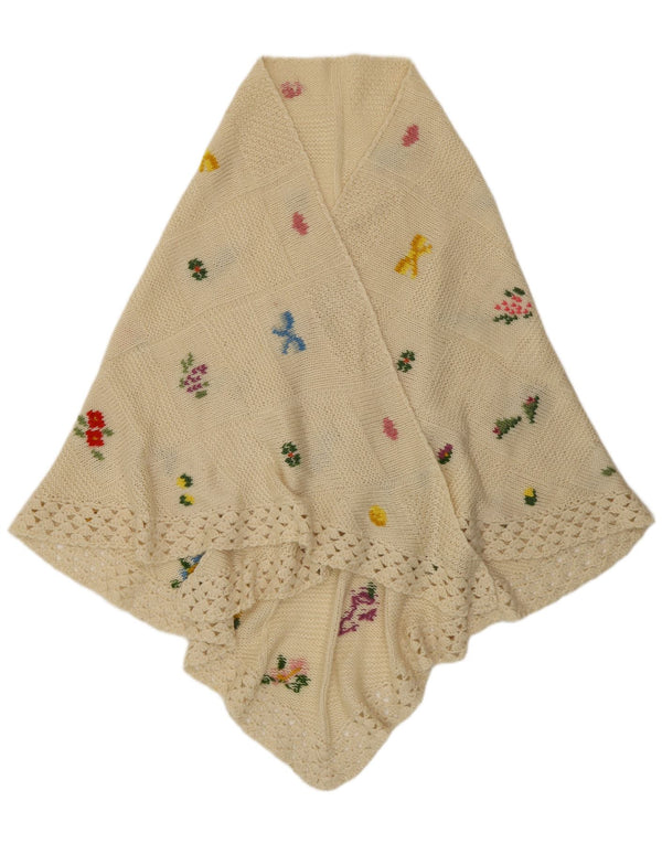vintage Femmes Tricoté à la main Châle en tricot Taille unique Off White Floral Boho