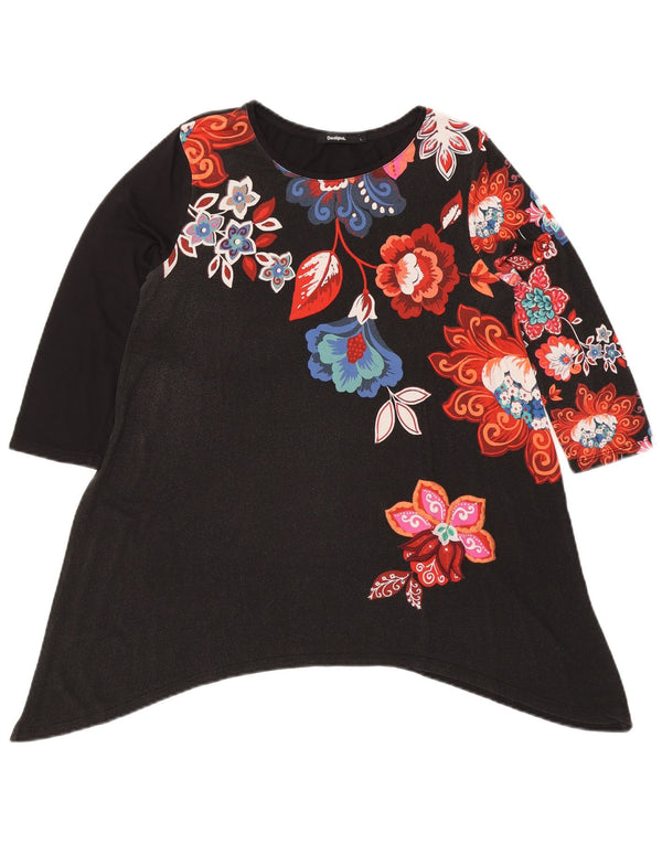 Desigual Tunique graphique à manches 3/4 pour femme UK 14 Large Noir Floral