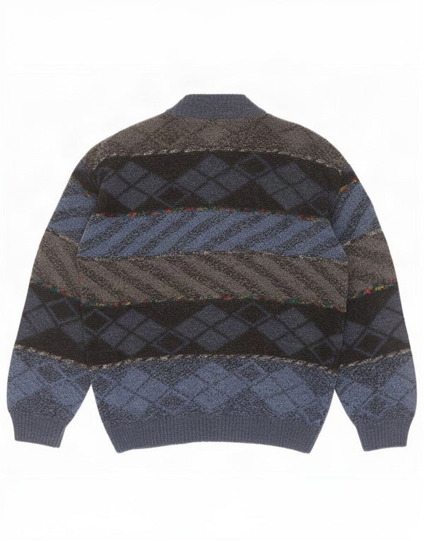 vintage Mens Cardigan Sweater Grand Bleu Argyle/Diamant Acrylique