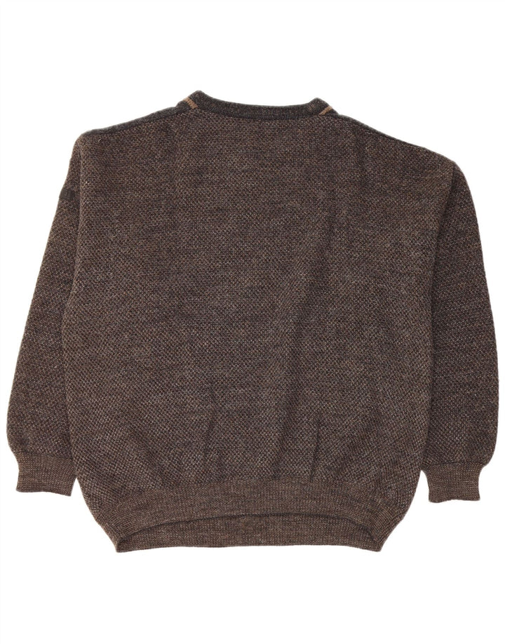 VINTAGE Pull ras du cou pour homme IT 50 Grande laine géométrique marron