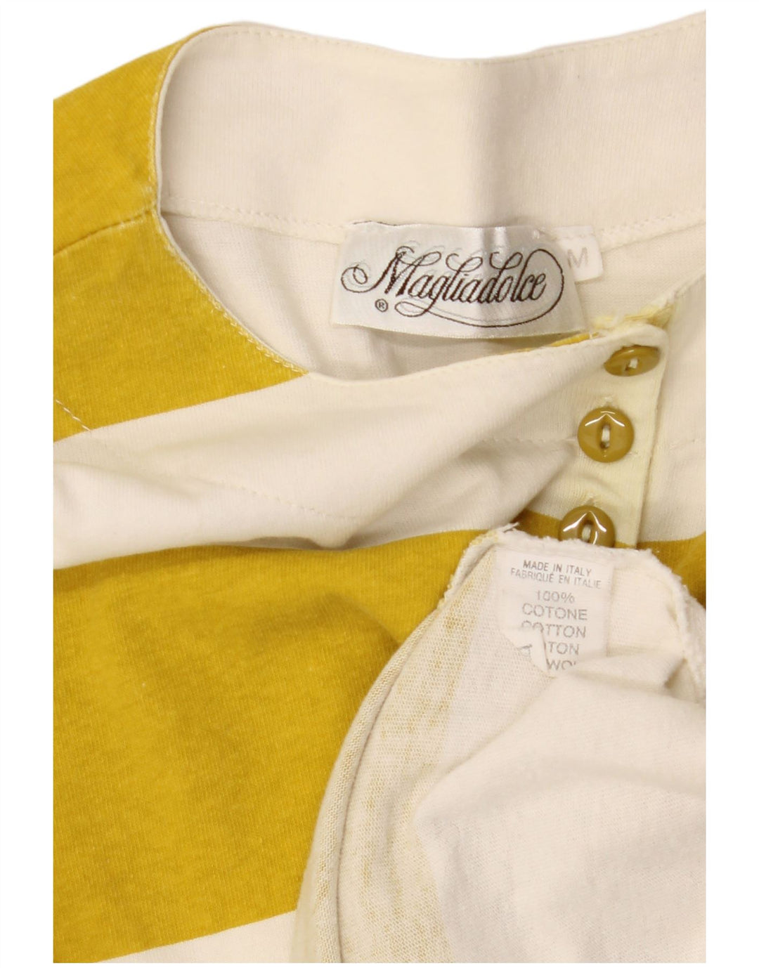 VINTAGE Femme Graphique Top Manches Longues UK 14 Coton Rayé Jaune Moyen