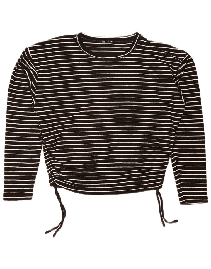 Zara Femme Crop Top Manches Longues UK 16 Grand Noir Rayé Polyester