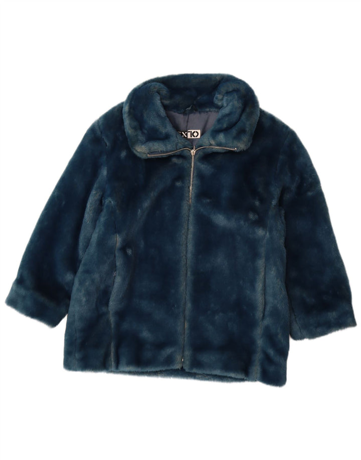 vintage Femme Fausse Fourrure Veste UK 12 Moyen Bleu Polyacrylique