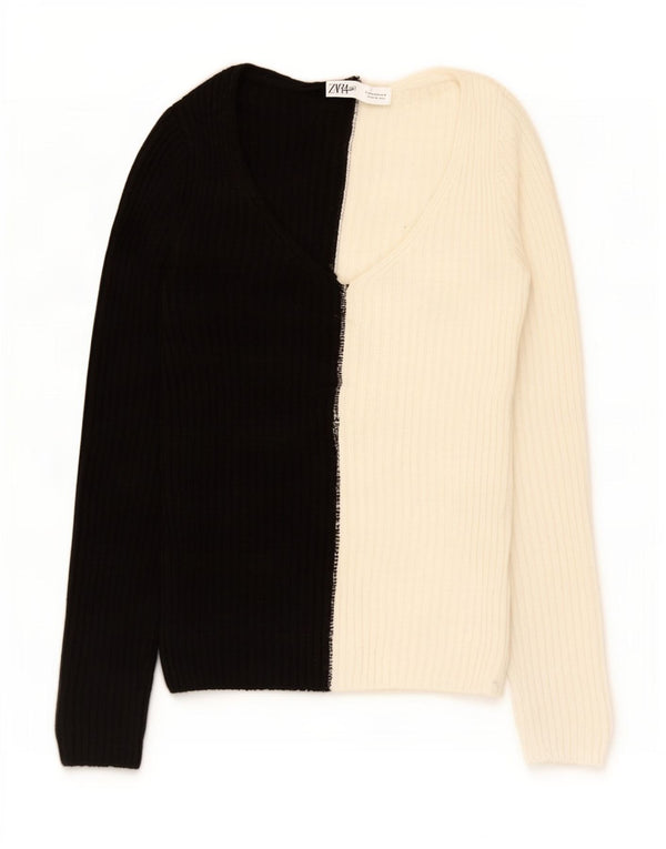 Zara Pull col en V pour femme UK 12 Acrylique color block noir moyen
