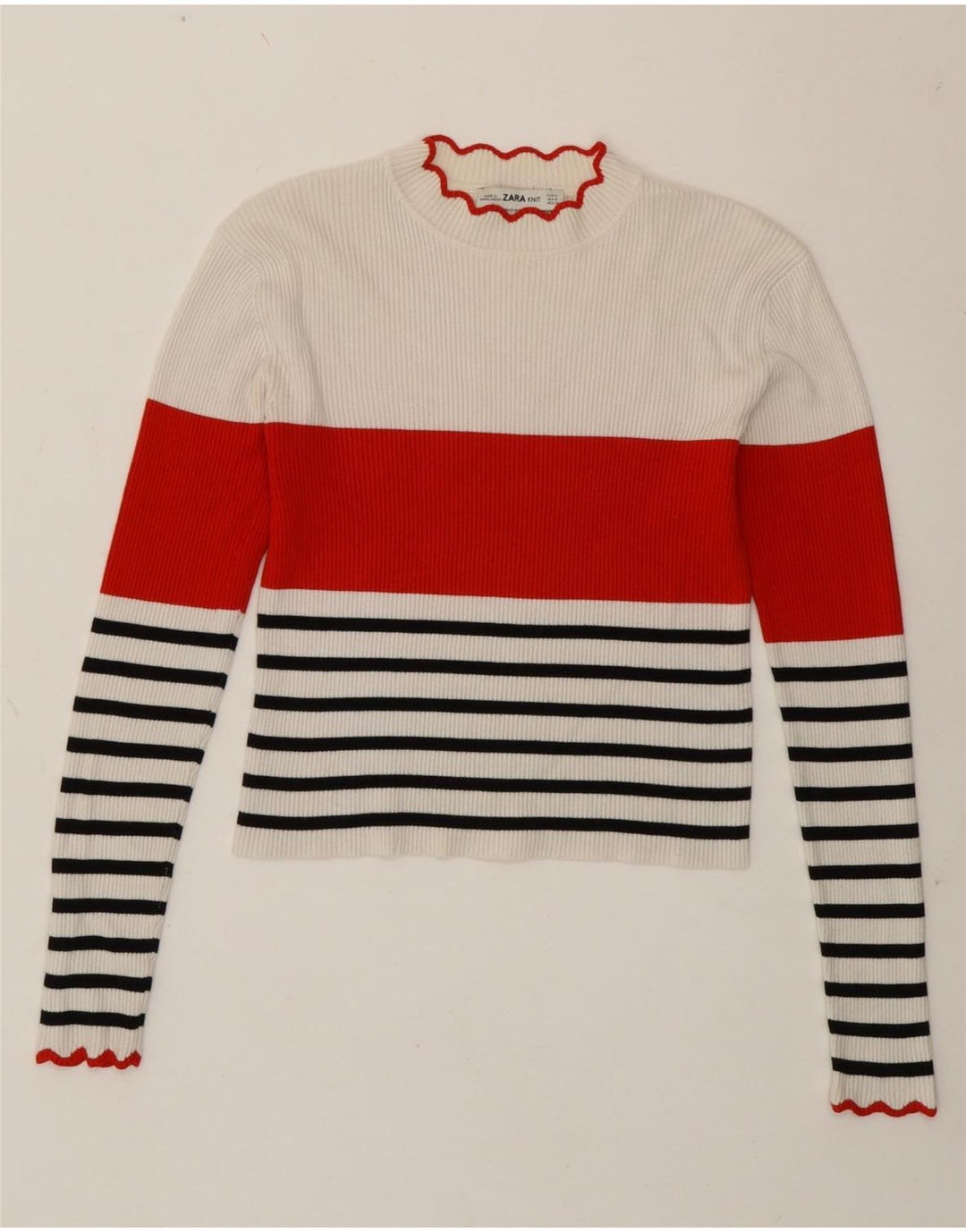Zara Womens Crop Top Manches Longues UK 12 Moyen Blanc Rayé