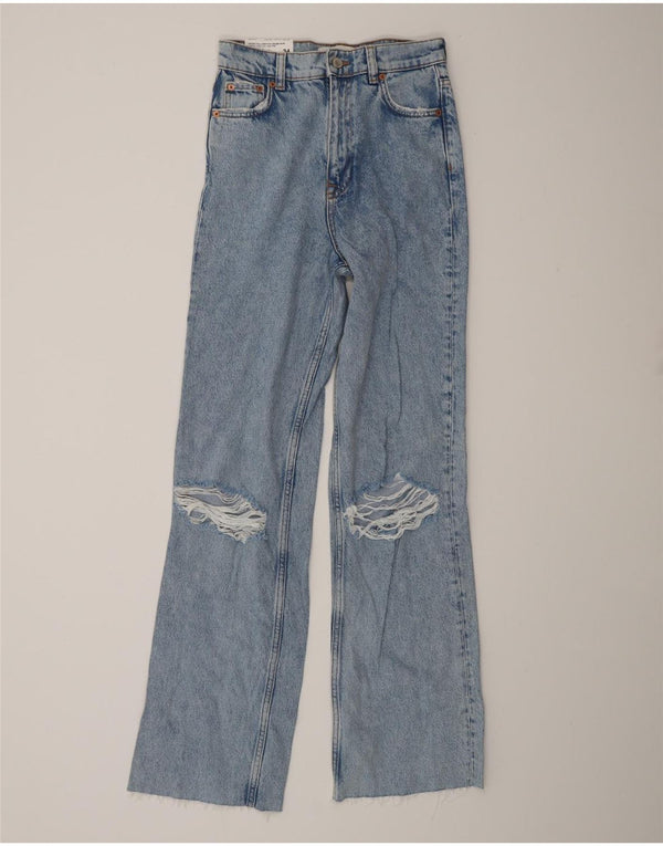 Zara Womens High Rise Distressed Wide Leg Jeans EU 34 2XS W24 L32 Bleu années 90