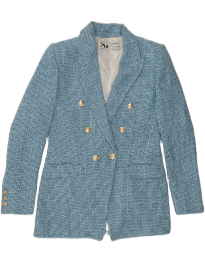 Zara Veste blazer à double boutonnage pour femme UK 14 Bleu moyen à carreaux en polyester