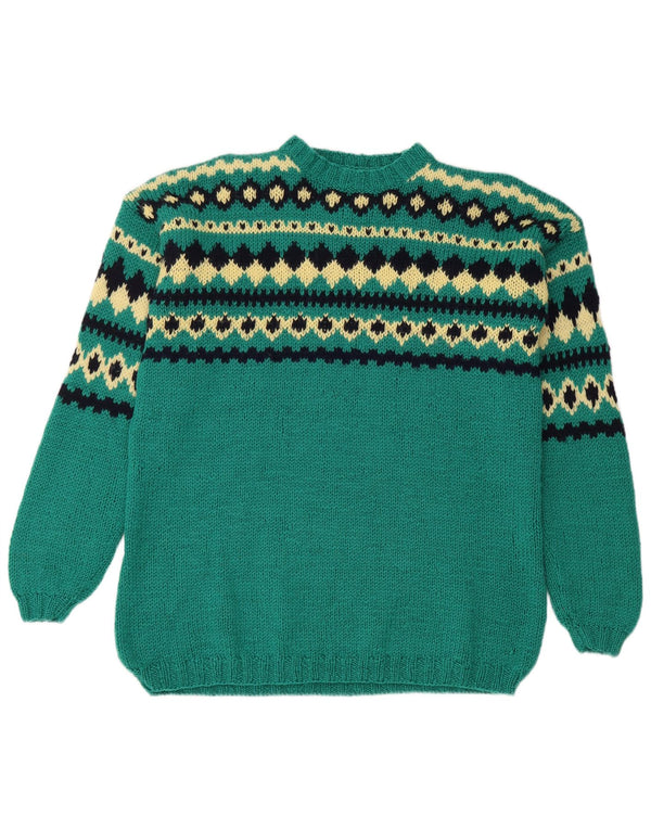 VINTAGE Femme Crew Neck Jumper Pull UK 14 Grand Vert Fair Isle