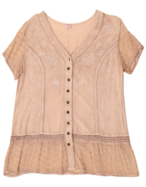vintage Femme Chemise À Manches Courtes Blouse UK 14 Viscose Florale Beige Moyen