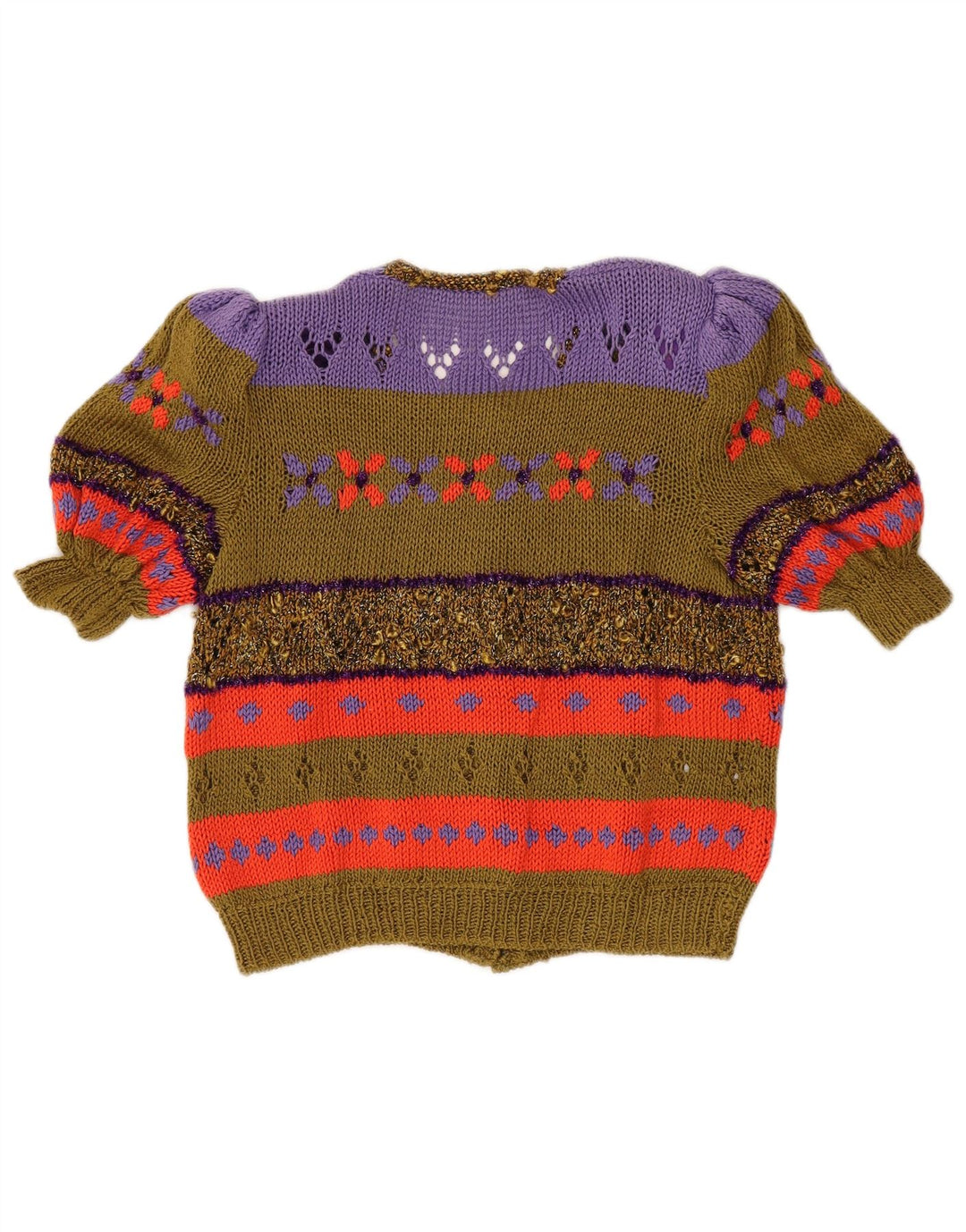 vintage Femme Manches Courtes Cardigan Pull UK 14 Medium Kaki Colourblock