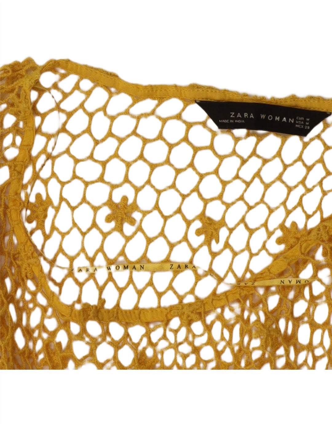 Zara Womens See Through Crochet Top Manches 3/4 UK 14 Jaune Moyen
