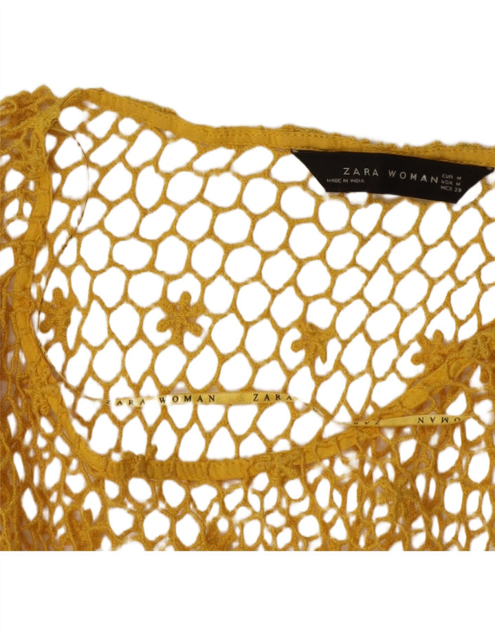 Zara Womens See Through Crochet Top Manches 3/4 UK 14 Jaune Moyen