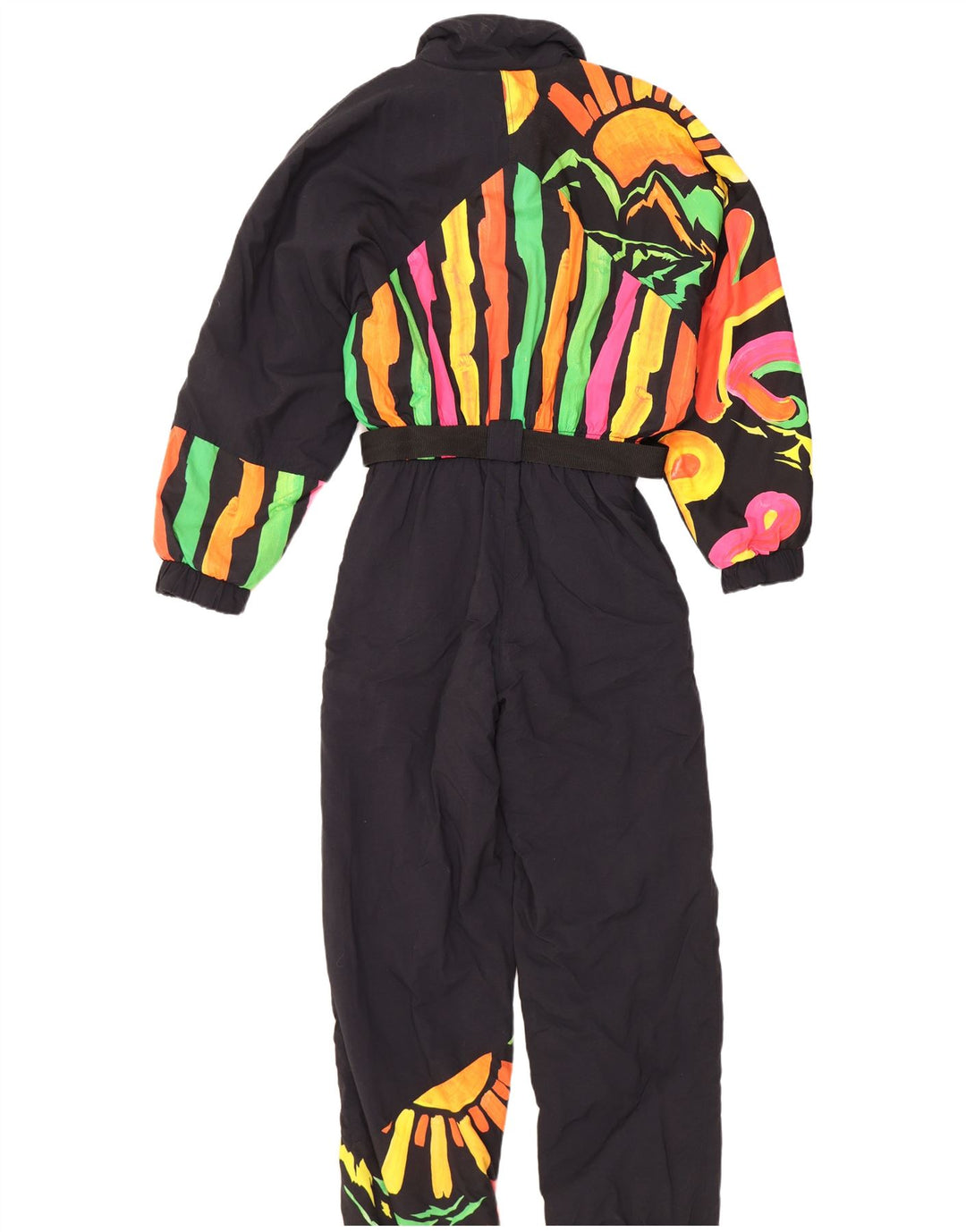 vintage Femme Motif Abstrait Ski Combinaison UK 12 Moyen Noir Polyamide