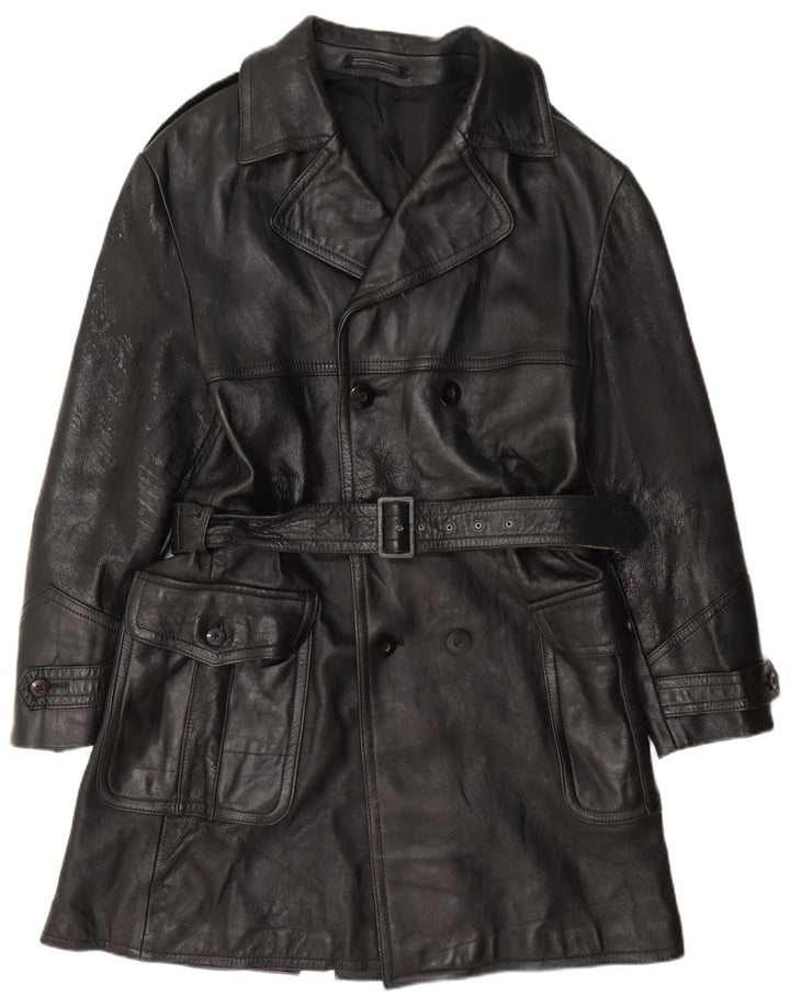 manteau en cuir double boutonnage vintage pour hommes IT 50 Grand Noir