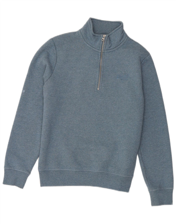 Superdry Homme Zip Neck Sweatshirt Jumper Petit Bleu Coton