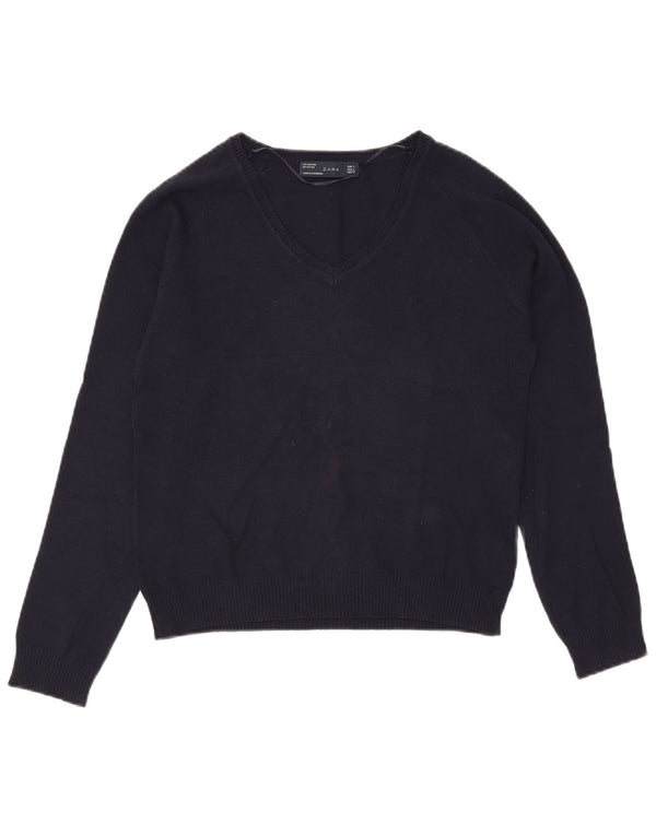 Zara Pull col en V pour femme UK 14 Large Bleu marine Coton