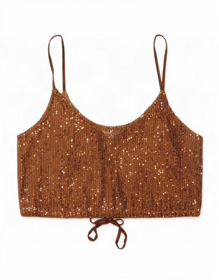 Zara Femme Top Court À Paillettes UK 44 Large Marron Polyester