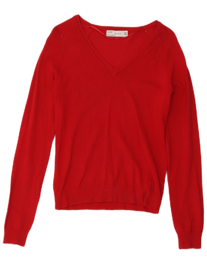 Zara Pull col en V pour femme UK 12 Rouge moyen Coton
