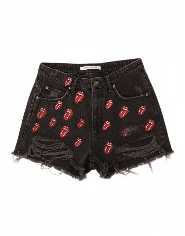 Zara Short en jean graphique vieilli pour femme EU 40 Medium W30 Noir