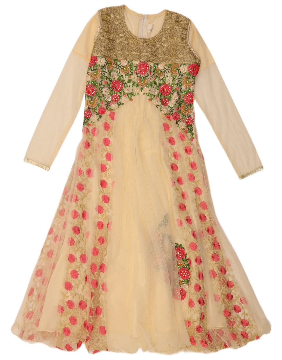 VINTAGE Robe trapèze à manches longues pour femmes US 6 Floral beige moyen