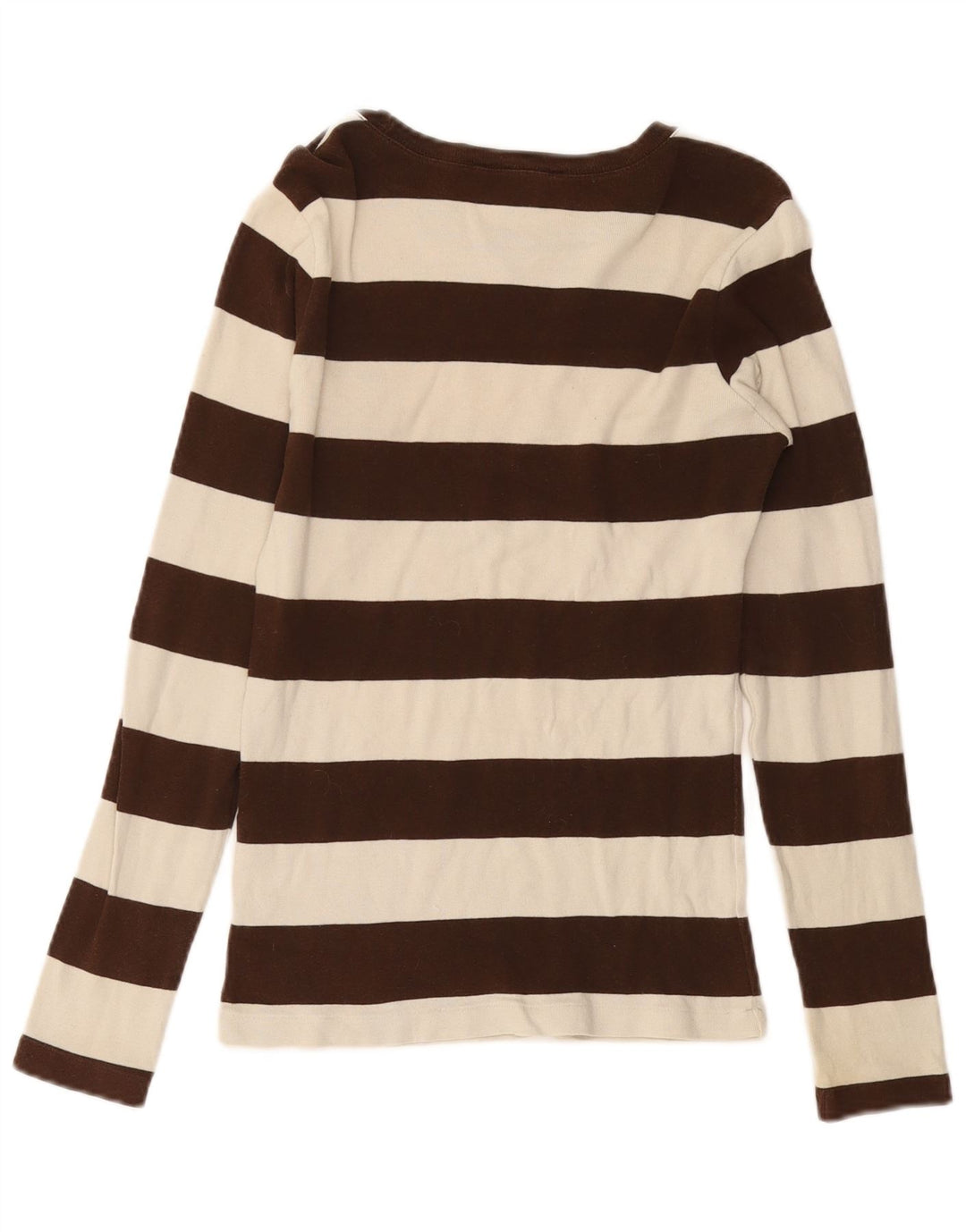 RALPH LAUREN Haut Femme Manches Longues UK 14 Coton Rayé Marron Moyen