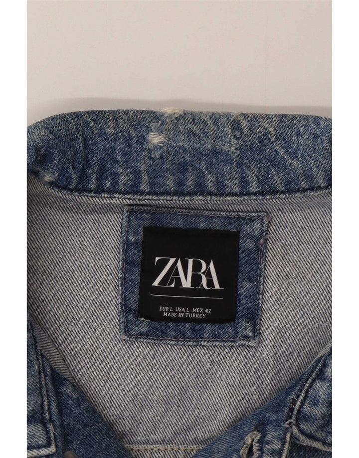 Zara Mens Artist Graphic Distressed Denim Jacket UK 42 Grand Bleu Patchwork