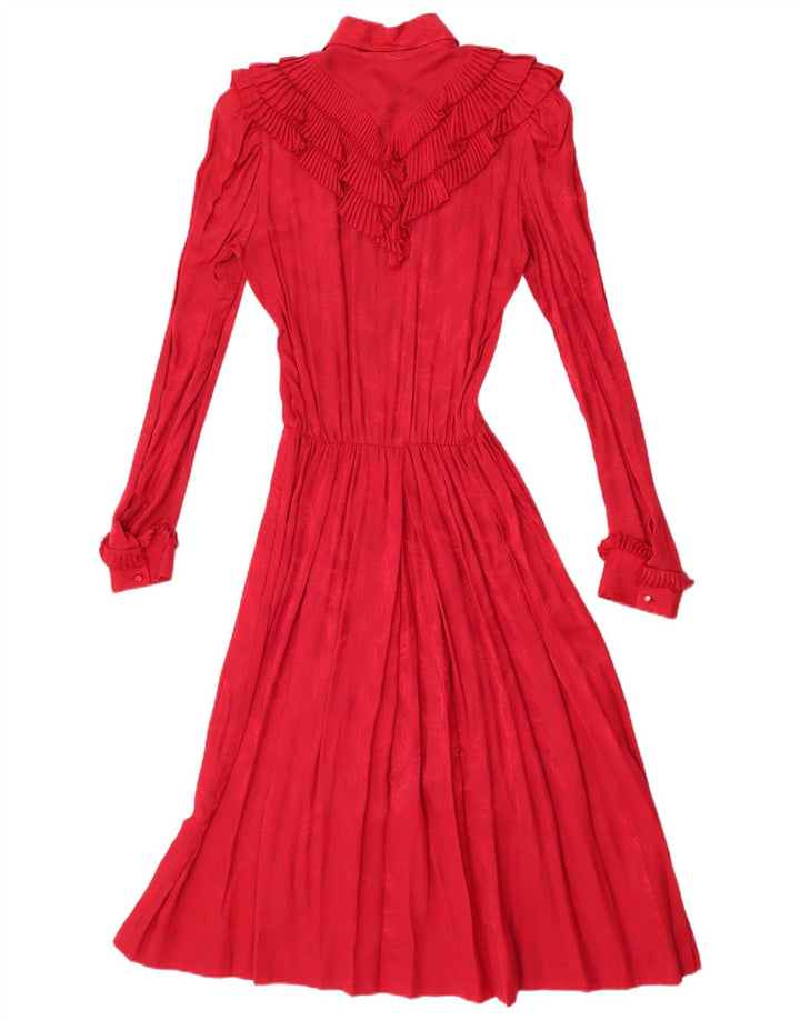 vintage Femmes Manches Longues Volants Avant Maxi Robe UK 12 Rouge Moyen