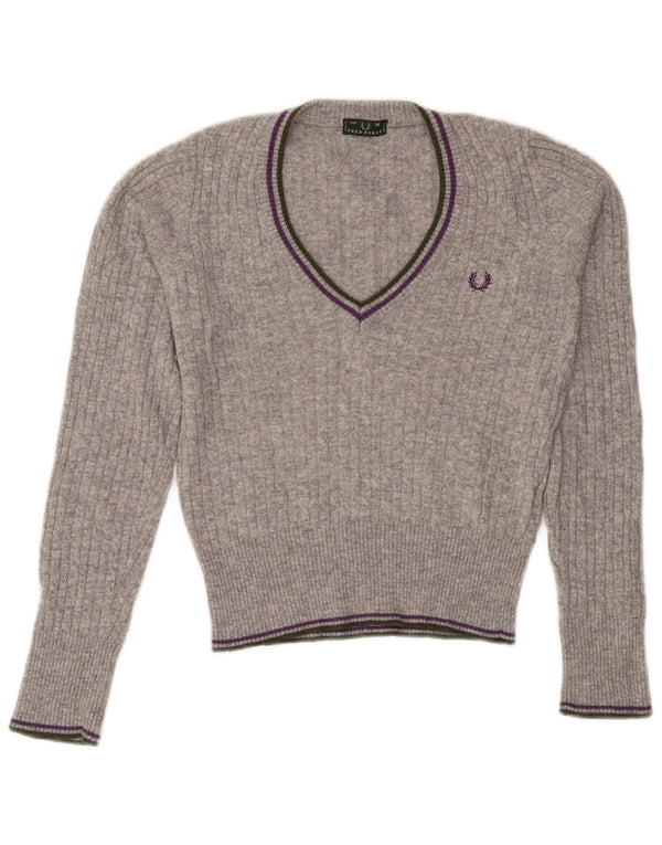 FRED PERRY Pull court à col en V pour femme UK 12 Laine gris moyen