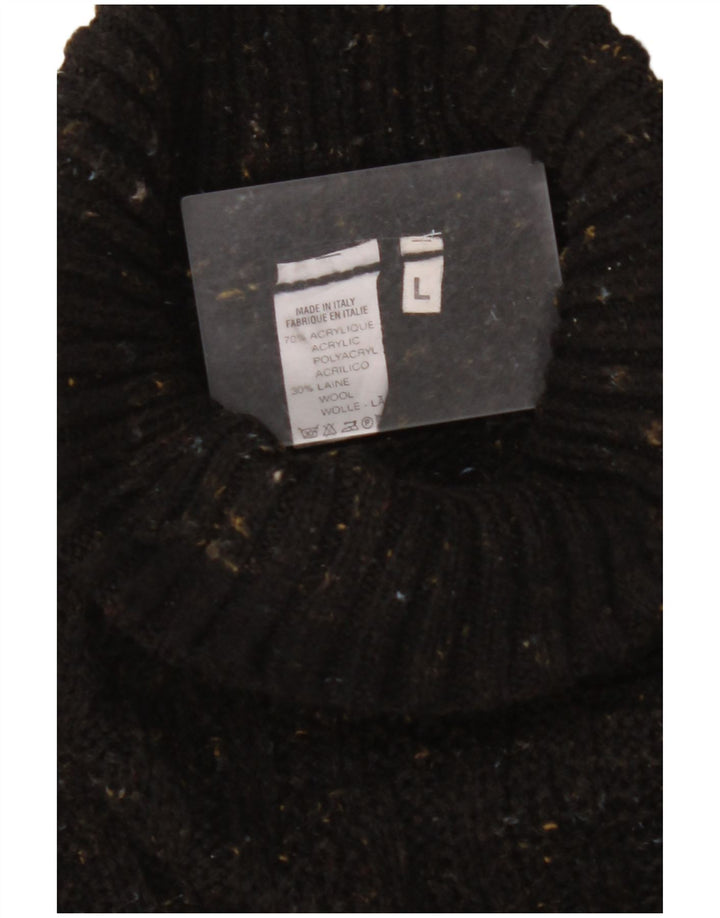 VINTAGE Homme Col Roulé Pull Pull Grand Acrylique Moucheté Noir