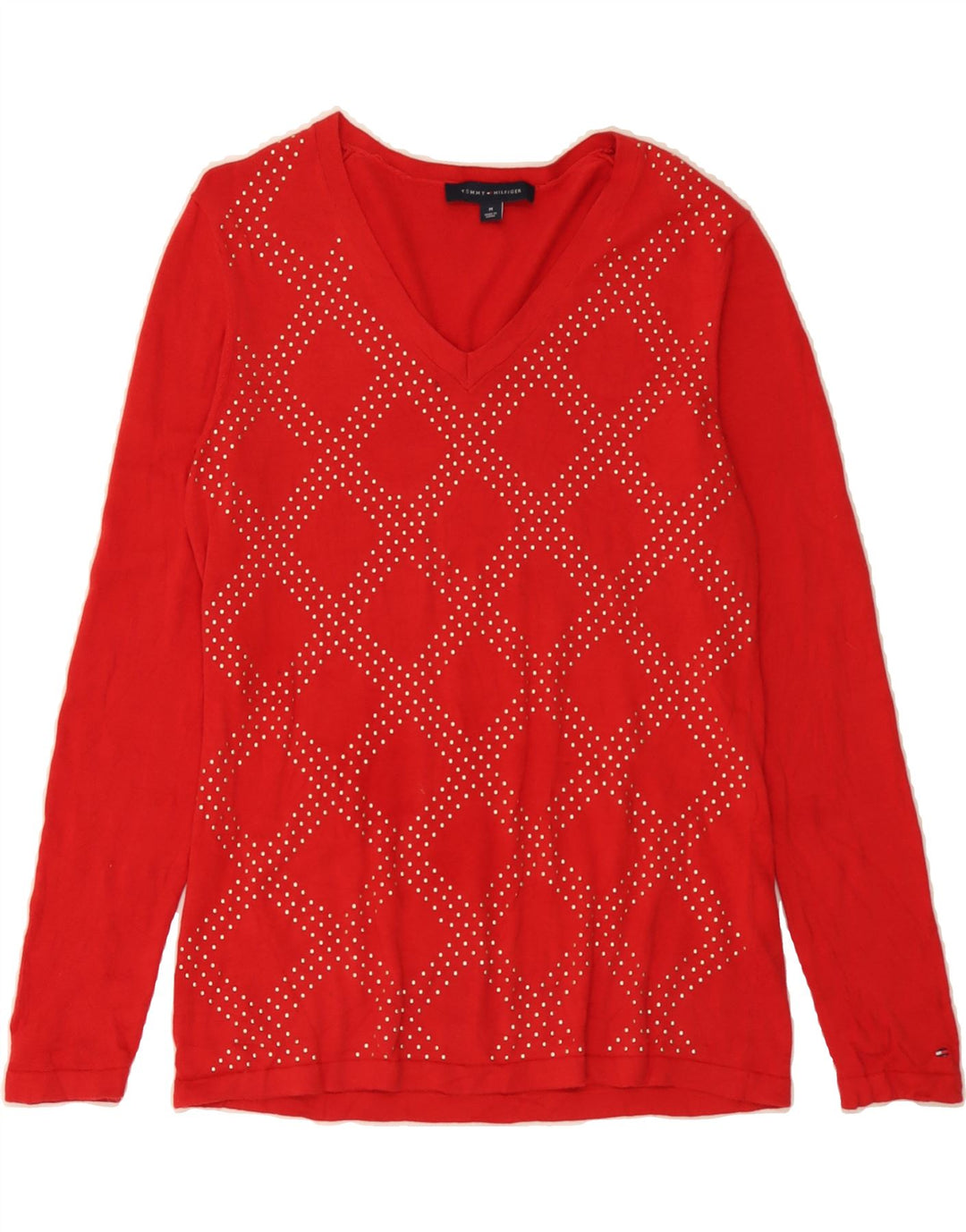 TOMMY HILFIGER Womens V-Neck Jumper Sweater UK 14 Medium Red Vintage Tommy Hilfiger and Second-Hand Tommy Hilfiger from Messina Hembry 