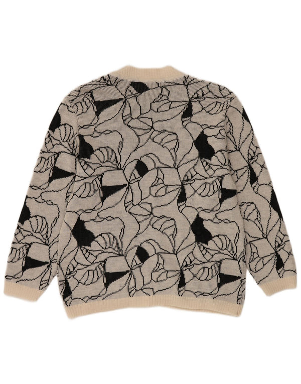 vintage Femmes Motif Abstrait Cardigan Pull UK 14 Grand Gris