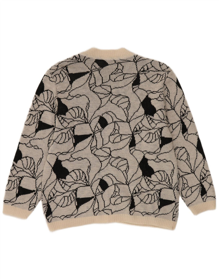 vintage Femmes Motif Abstrait Cardigan Pull UK 14 Grand Gris