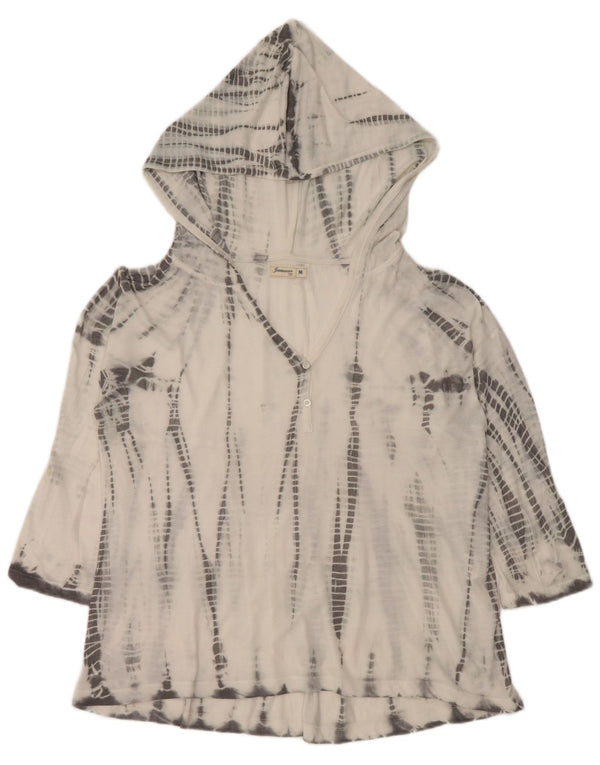 vintage Femmes Haut à capuche 3/4 Manches UK 14 Moyen Blanc Tie Dye Polyester
