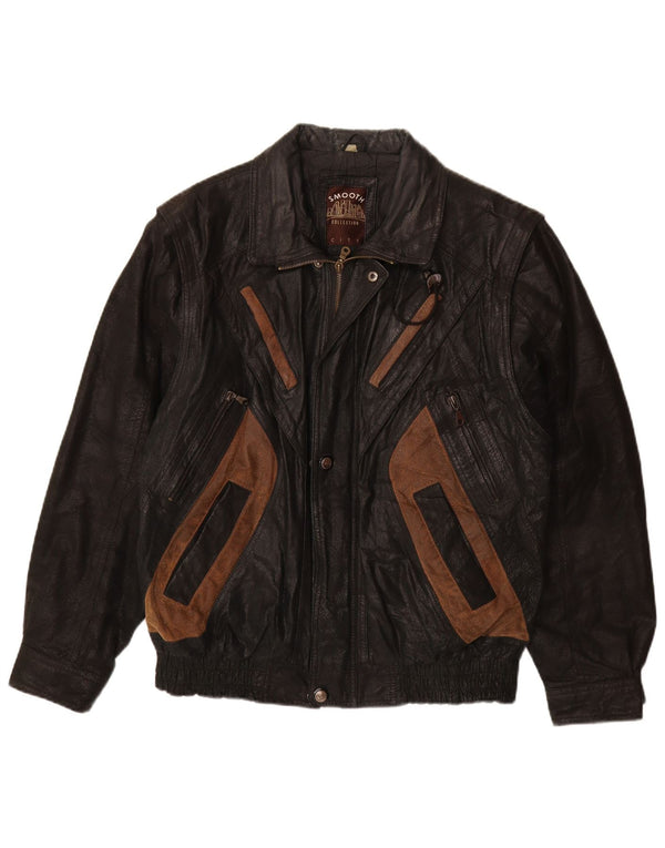 VINTAGE Veste en cuir homme UK 40 Grand cuir colorblock noir