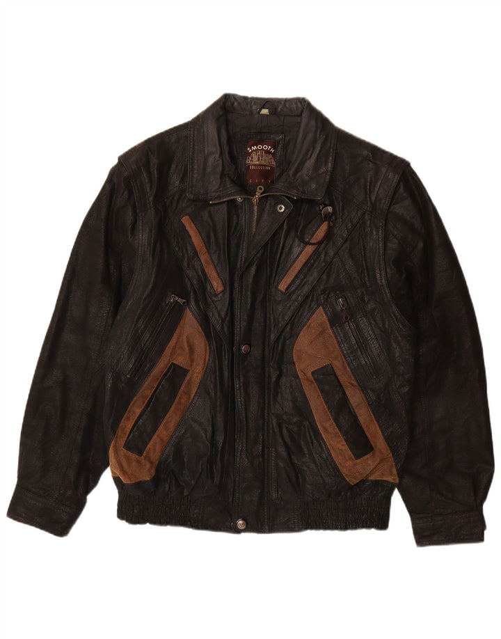 VINTAGE Veste en cuir homme UK 40 Grand cuir colorblock noir