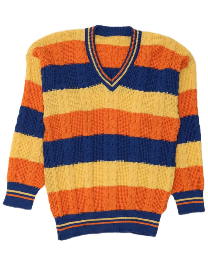 vintage Homme Col V Pull Pull Moyen Multicolore Rayé