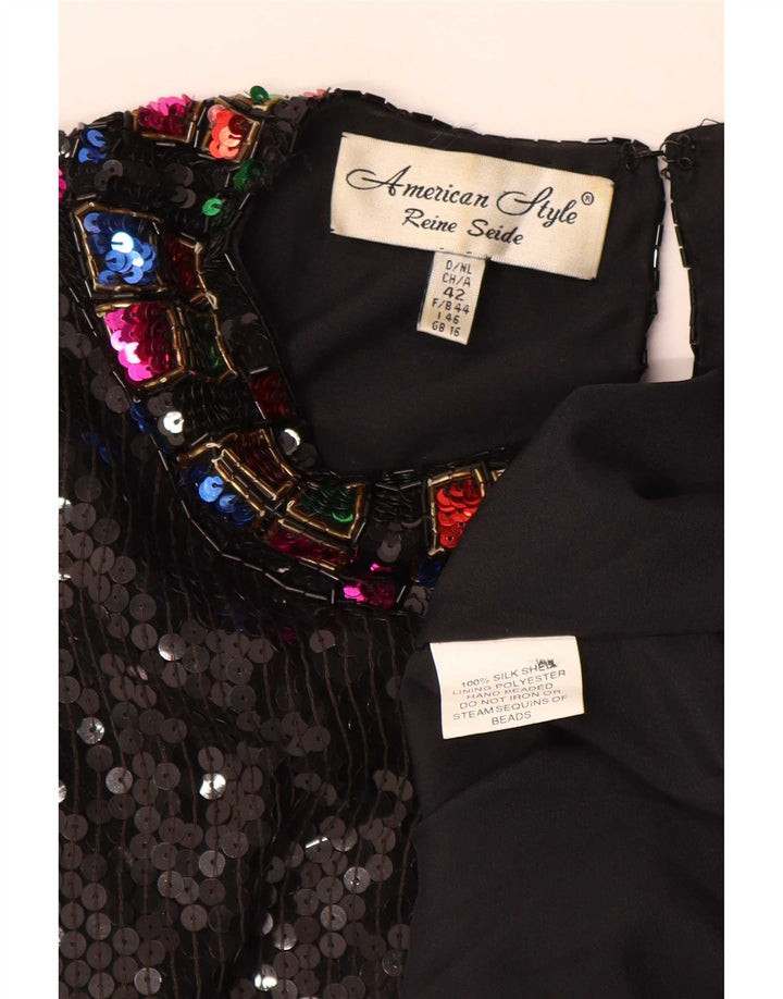 vintage Femmes Sequin Blouse Top UK 16 Grande Soie Noire