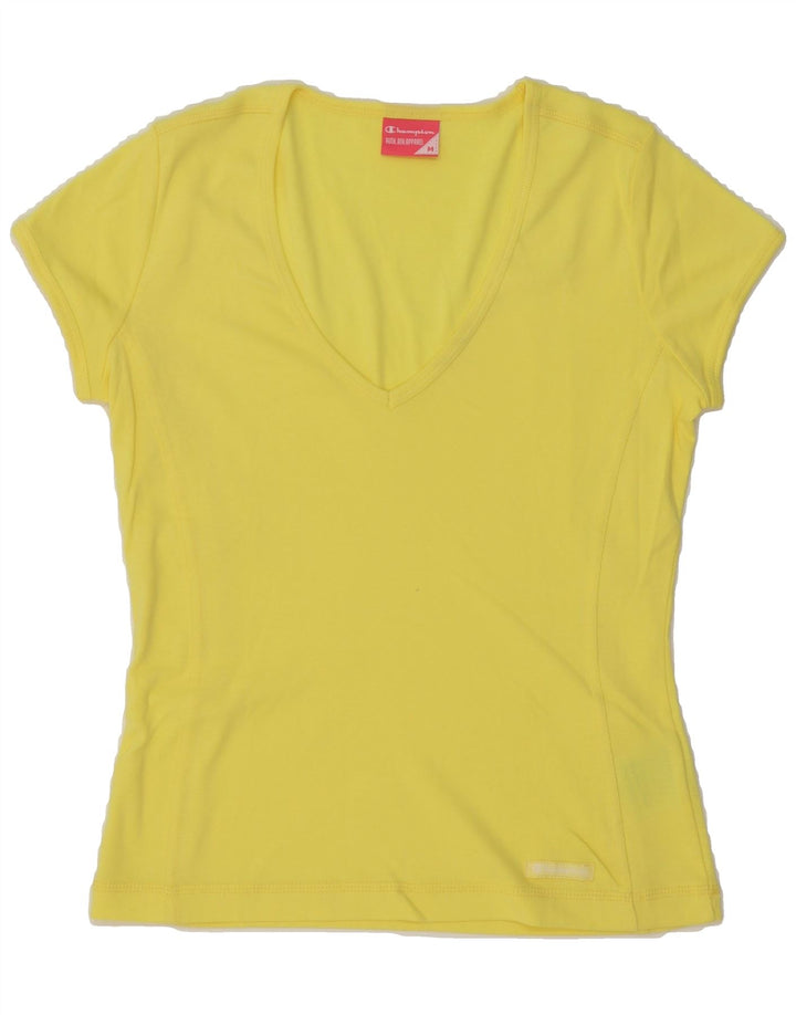 CHAMPION Womens T-Shirt Top UK 14 Medium Yellow Cotton Vintage Champion and Second-Hand Champion from Messina Hembry 