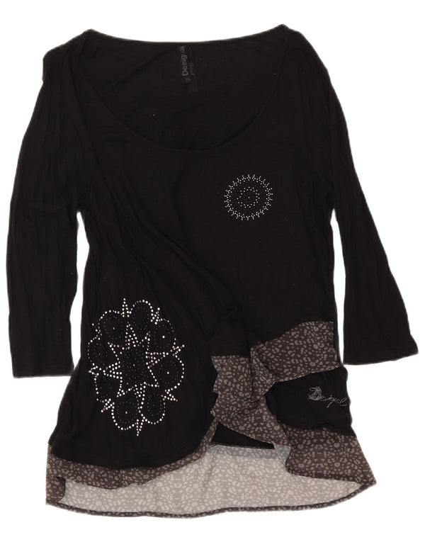 DESIGUAL Haut Graphique Femme Manches 3/4 UK 18 XL Noir Imprimé Animal Viscose