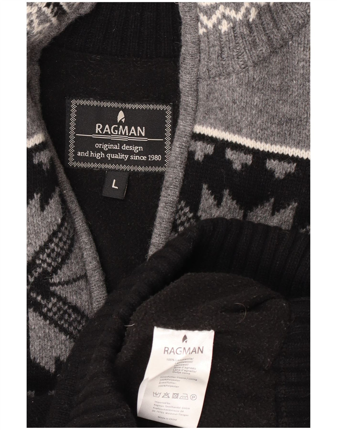 Ragman Pull col zippé pour homme en laine d'agneau Fair Isle Noir Taille L