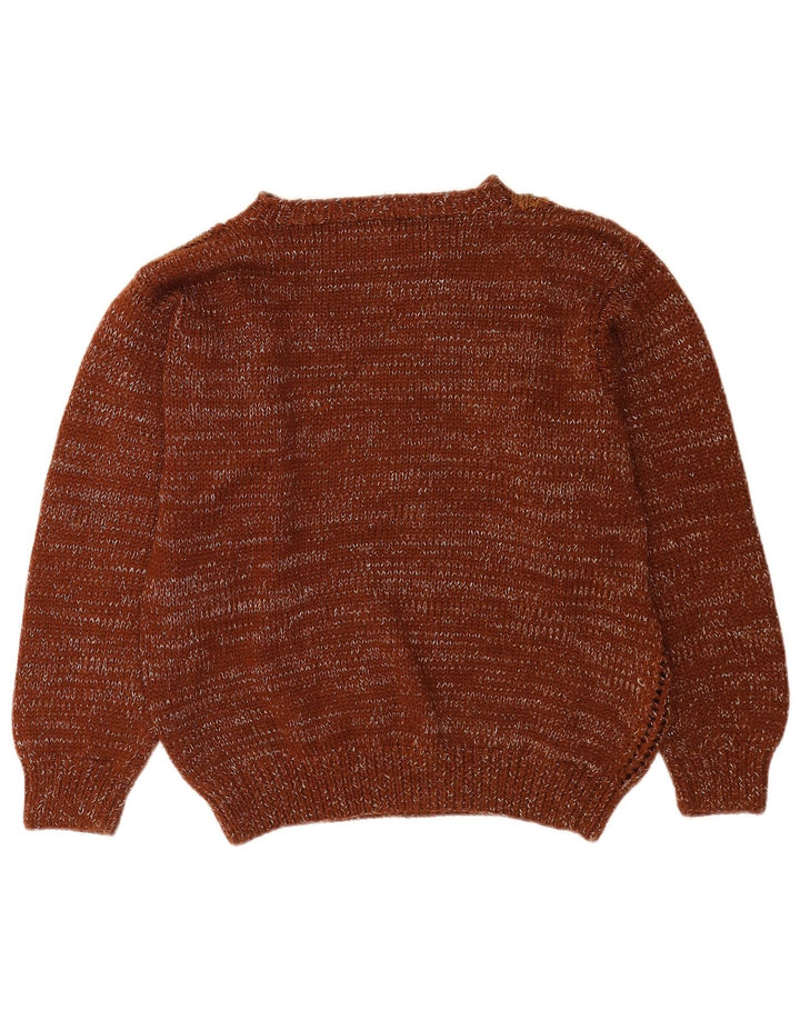 vintage Femmes Crew Neck Jumper Pull UK 14 Medium Brown Patchwork