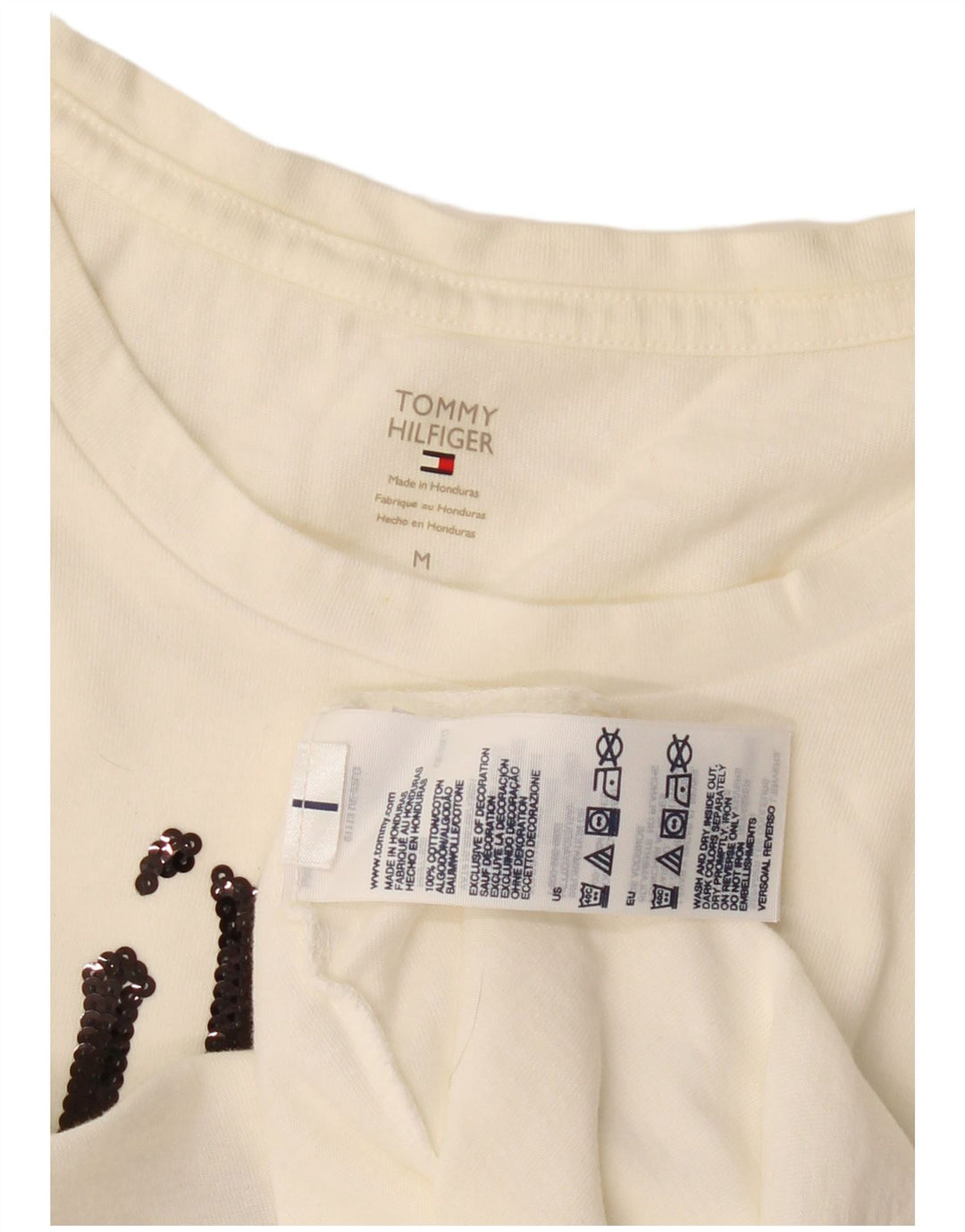 TOMMY HILFIGER T-shirt graphique pour femme UK 12 Medium Off White Cotton