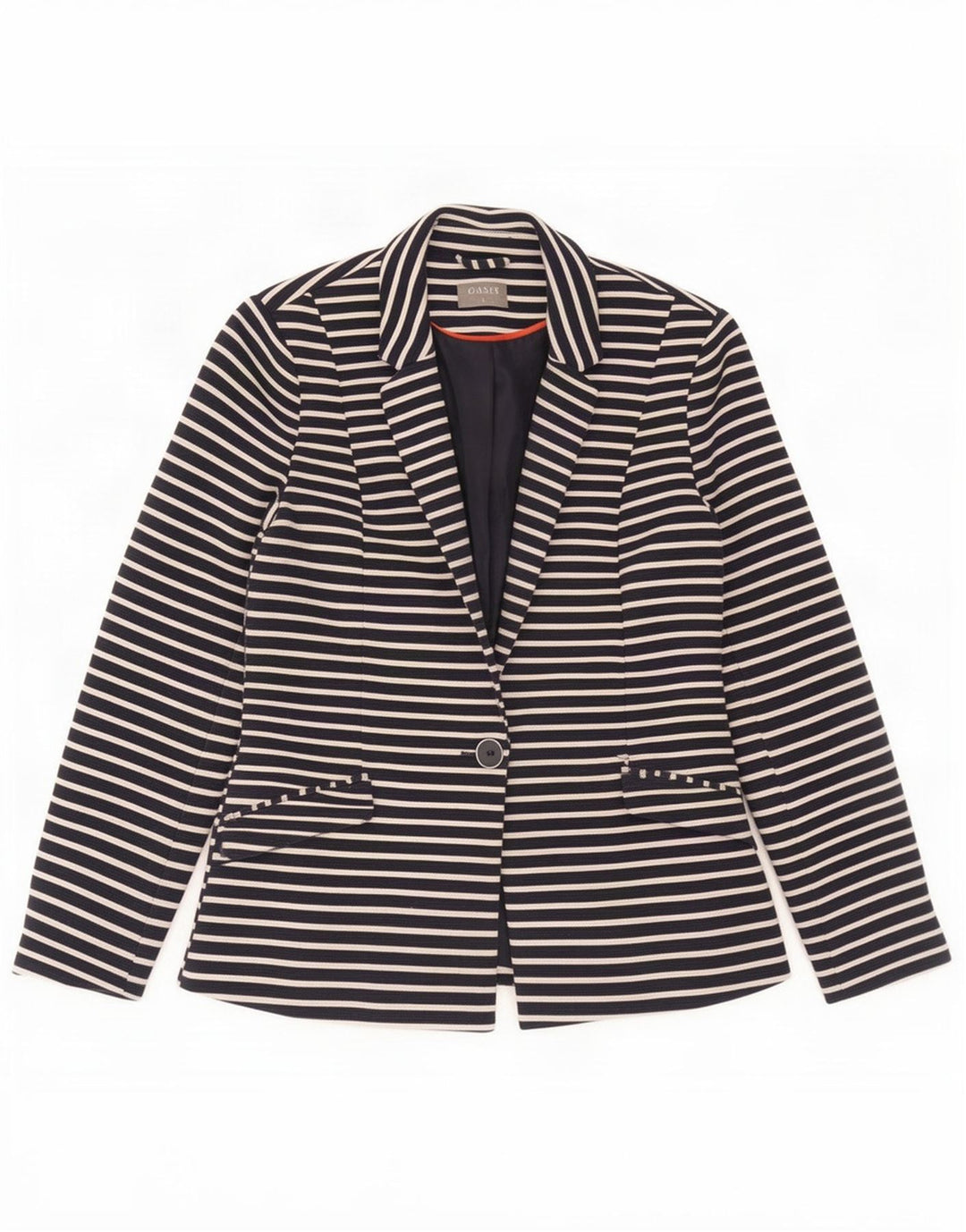 Oasis Veste blazer 1 bouton pour femme UK 8 Petit Bleu Marine Rayé Polyester