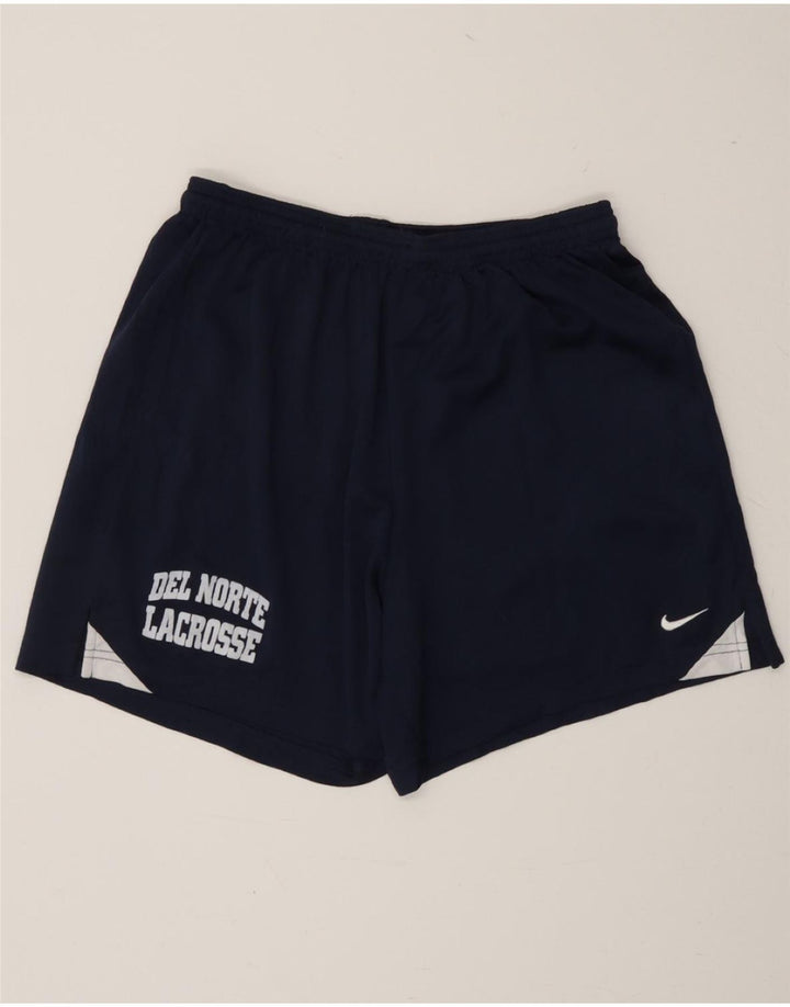 NIKE Womens Dri Fit Graphic Sport Shorts UK 12 Medium  Navy Blue Polyester Vintage Nike and Second-Hand Nike from Messina Hembry 