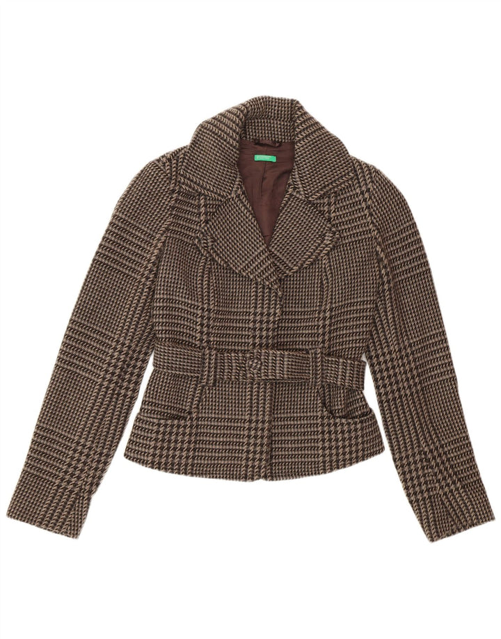 Benetton Veste Blazer Ceinturée Femme IT 40 Petite Laine Pied De Poule Marron