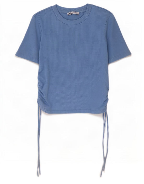 Zara Femme Crop Blouse Top UK 12 Bleu Moyen Polyester